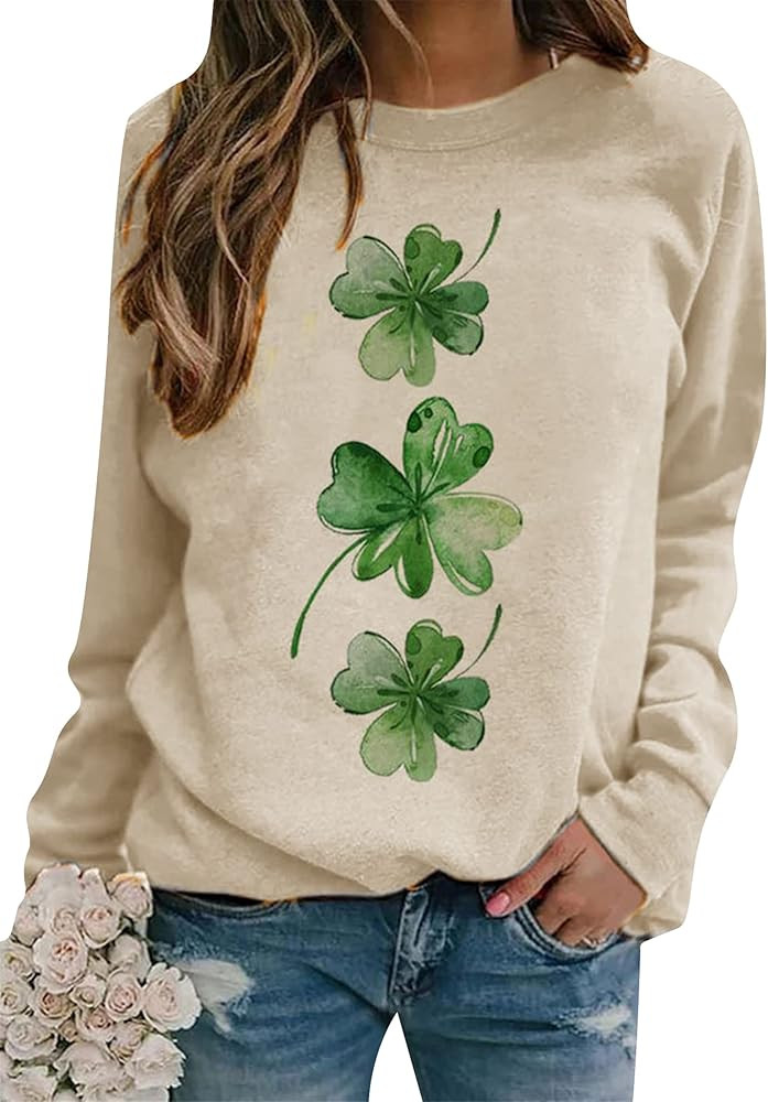 WIWIQS Women's Crew Neck St. Patrick's Day Casual Green Sweatshirts Shamrock Long Sleeve Clover S... | Amazon (US)