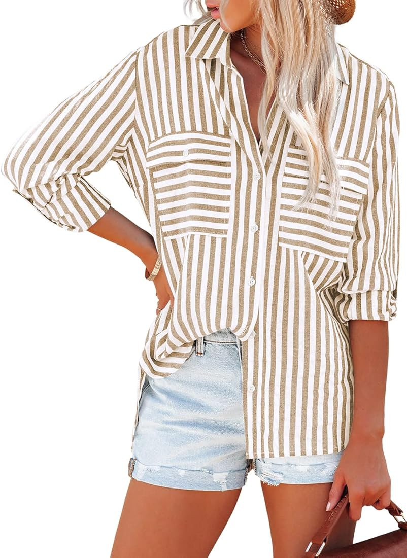 Yanekop Womens Striped Button Down Poplin Shirts Long Sleeve Tops Casual V Neck Blouses with Pockets | Amazon (US)