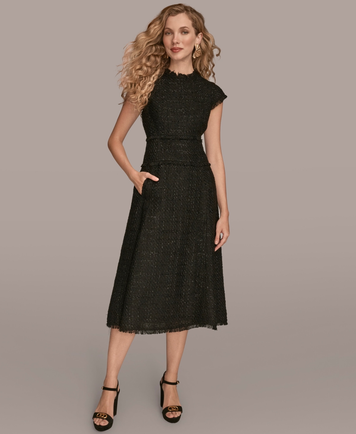Donna Karan New York Women'sÂ Tweed Cap Sleeve A-Line Midi Dress - Black | Macy's