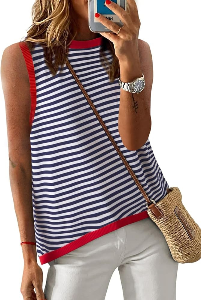 Dokotoo Womens Summer Tops 2026 Casual Striped Color Block High Neck Tank Top Loose Knit High Low... | Amazon (US)