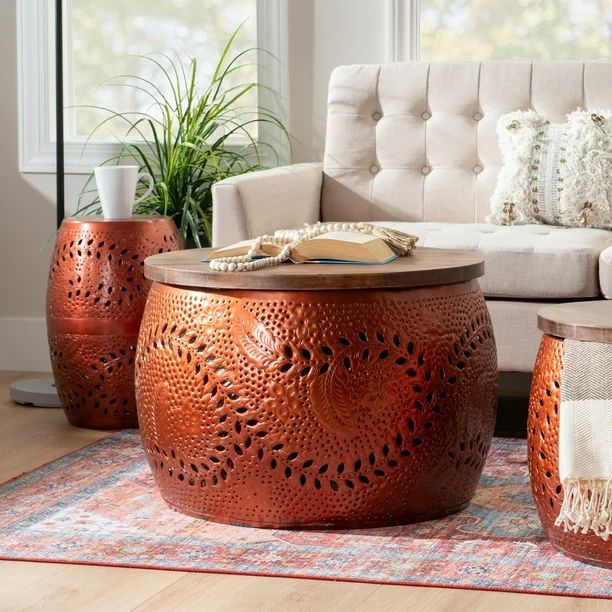 Powell Bellezza Drum Accent Table with Storage, Large, Copper | Walmart (US)