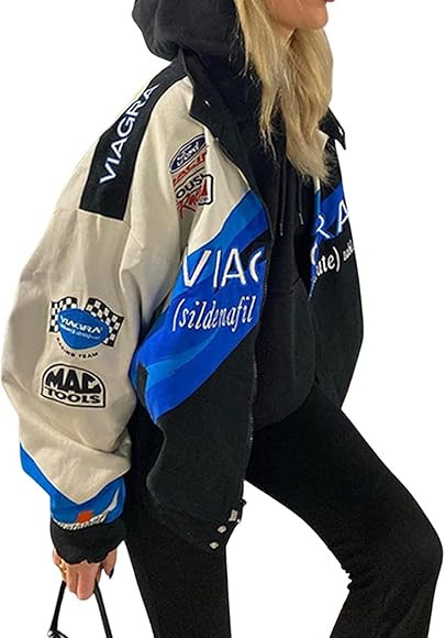 Women's Long Sleeve Baseball Jackets Letter Print Color Block Zip Up Oversized Retro Jacket Hip-h... | Amazon (UK)