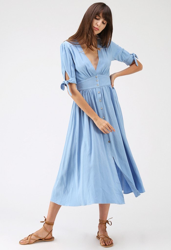 Summer Edition Button Down V-Neck Dress in Blue | Chicwish