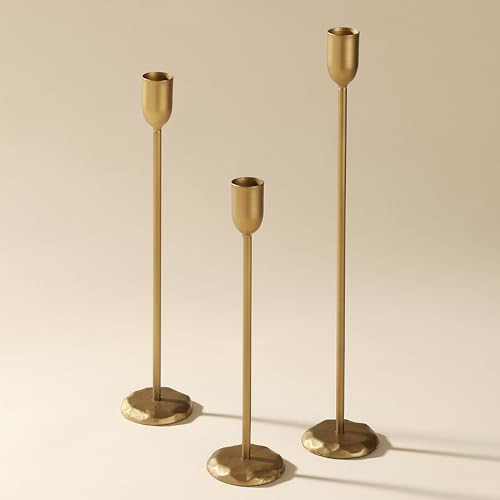 Perfnique Brass Candlestick Holders Set of 3 - Antique Gold Iron Candle Holders for Christmas, Birthday, Wedding, Party, Dining Table, Fireplace Mantel Decor | Amazon (US)