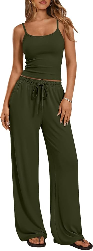 Trendy Queen Women's 2 Piece Lounge Set Spring Outfits - Camisole Top & Wide Leg Pants | Amazon (US)