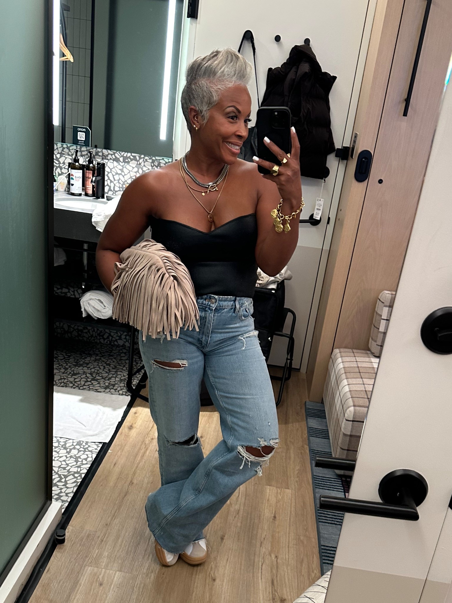 NYFW Day 1: Another event, another moment to slay 👠✨ along with this cute fringe bag from Etsy.

For sizing reference: I'm 5'2 | 150lbs | ftts | wearing a medium | size 8 on shoes

Disclaimer: Limited stock—linked similar finds! ✨🫶🏽
.
.
.
#outfitinspo #traveloutfit #NYFW2025 #gettgelook #travelinstyle #flyageless  #silverhair #pixiecut #shorthairstyle #midlife #fashionover40 #stylereel #LTKStyle #ootd #outfitcheck #outfitdetail #fitcheck #midlifejourney #xojalonda

#LTKOver40 #LTKNYFW #LTKStyleTip