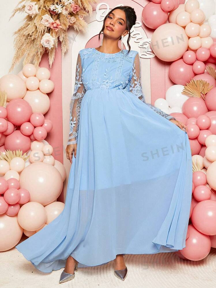 Loomaby Maternity Crew Neck Floral Mesh Contrast Maxi Elegant Long Sleeve Dress, Baby Shower Part... | SHEIN