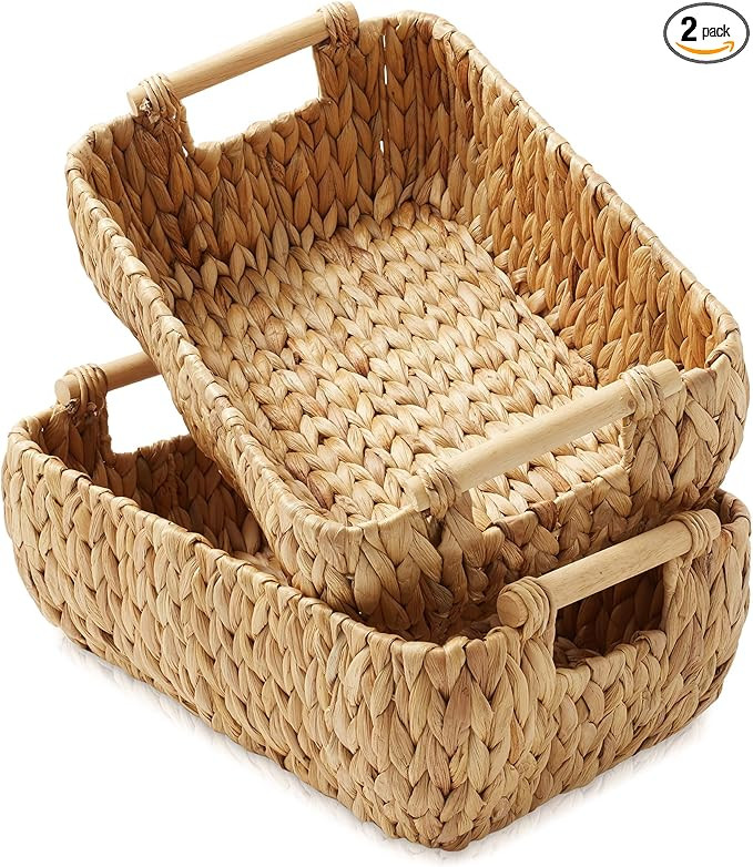Casafield Set of 2 Water Hyacinth Oval Storage Baskets with Wooden Handles - Medium, Woven Bin Or... | Amazon (US)