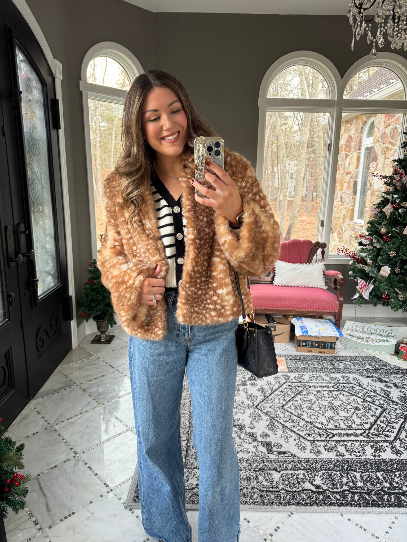 Never getting enough of this jacket! 

RUNNNN - this coat is so cute and only $55! Wearing a M. They have a cute cow print one too! 

Faux fur coat, faux fur jacket, deer print coat, deer print jacket, winter jacket, gift ideas for her, gift for her 

#ltkseasonal #ltkgiftguide #ltkholiday Striped sweater, cropped sweater, holiday outfit, casual outfit, mom outfit, outfit idea, December outfit, sweater and jeans outfit, wide leg jeans, high waisted jeans, cute mom outfit, cropped cardigan 

 #ltksalealert #ltkootd #ltkholiday