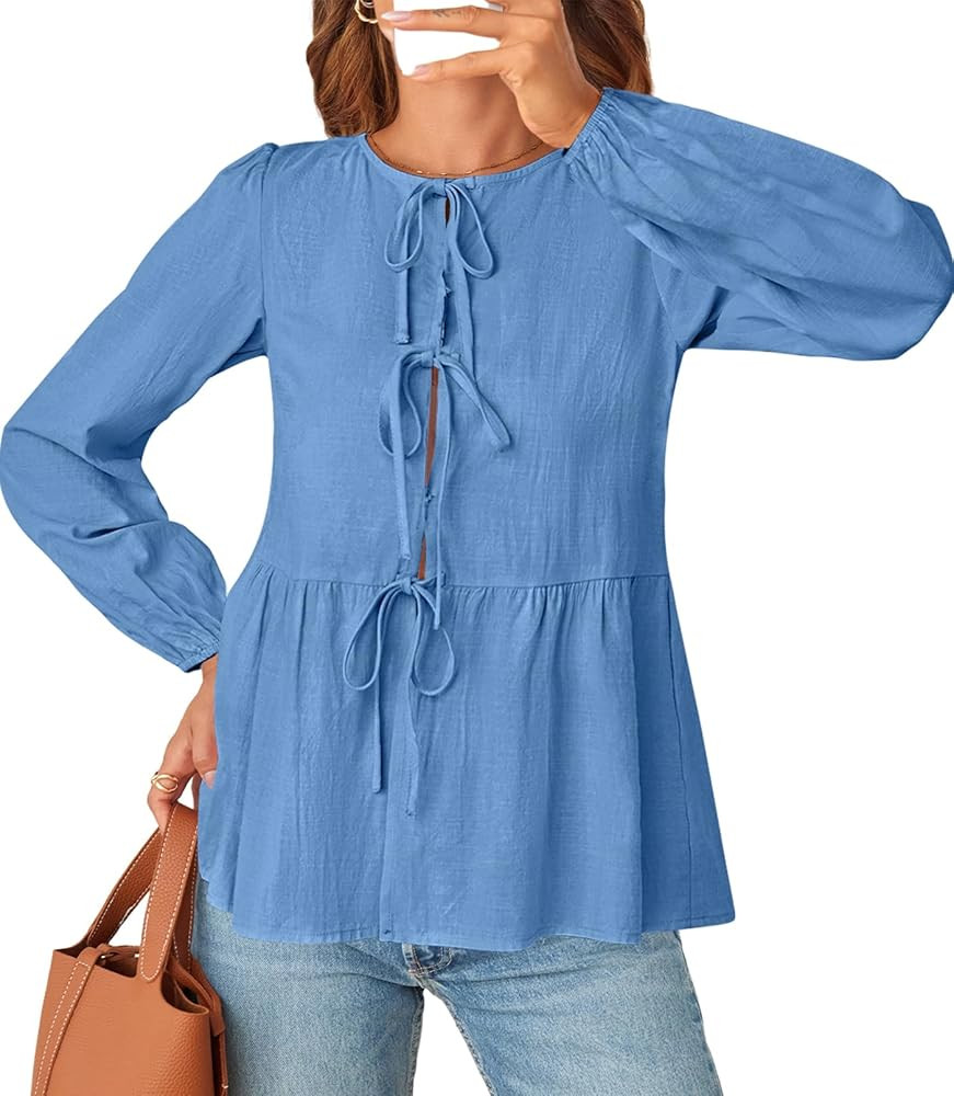 MEROKEETY Women's Tie Front Tops Blouse Puff Sleeve Button Peplum Ruffle Cute Babydoll Tee Shirts | Amazon (US)
