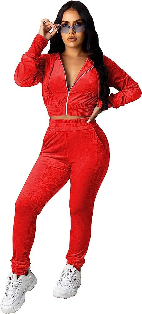 PINSV 2 Piece Outfits Velour Tracksuit for Women Zip Up Hoodie Velvet Jogging Sweatsuit Workout S... | Amazon (US)