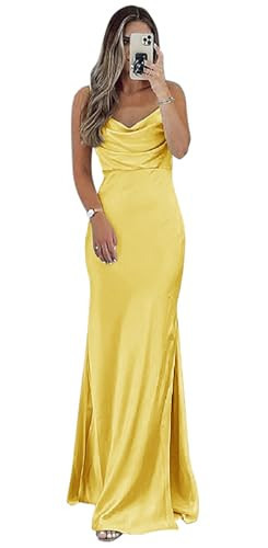 Fanciest Plus Size Yellow Bridesmaid Dress for Wedding Long Satin Cowl Neck Formal Party Dress Spaghetti Straps Evening Gowns US20W | Amazon (US)