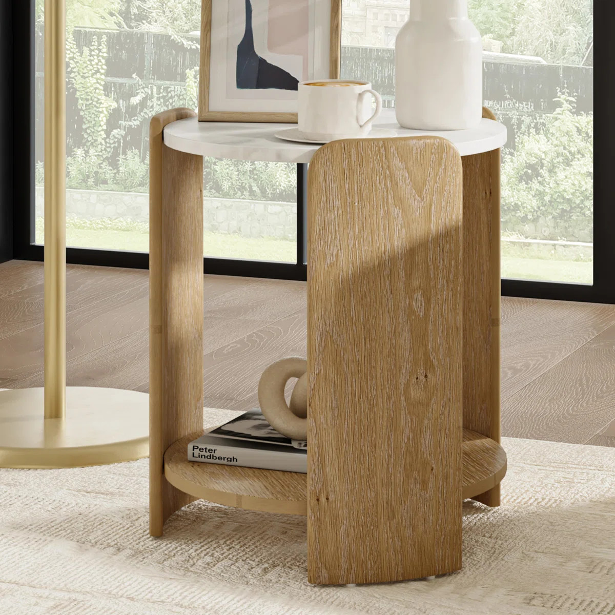 Fermina Modern Oak Veneer Wood Legs Round Marble Top End Table | Wayfair North America