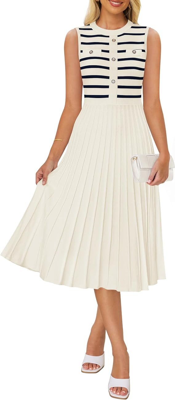 ZESICA Women's Sleeveless Striped Midi Dress Summer Crewneck Button Knit Swing Pleated A Line Cas... | Amazon (US)