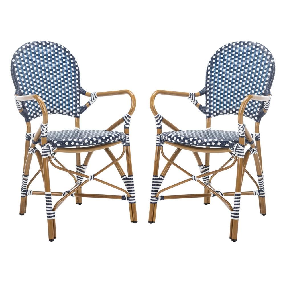 Safavieh Hooper Navy/White Stackable Aluminum/Wicker Outdoor Dining Chair (2-Pack) | The Home Depot