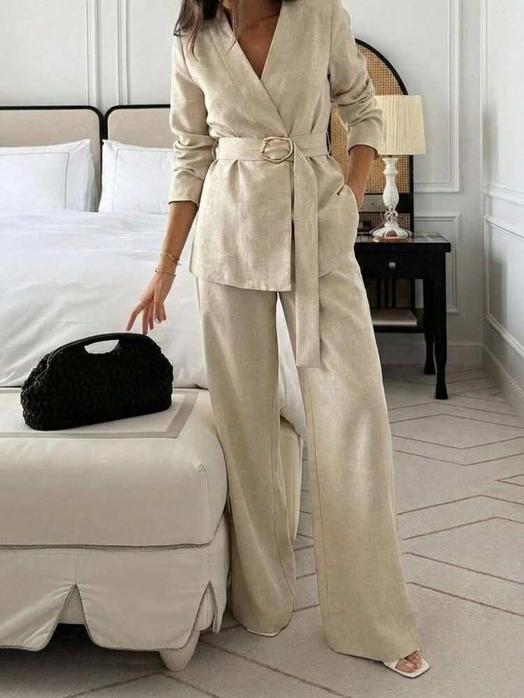 Firerie Khaki Elegant Woven Fabric Two Piece Outfit Women's Shawl Collar Wrap Blouse Long Flare Sleeve Top And Long Pants Set | SHEIN