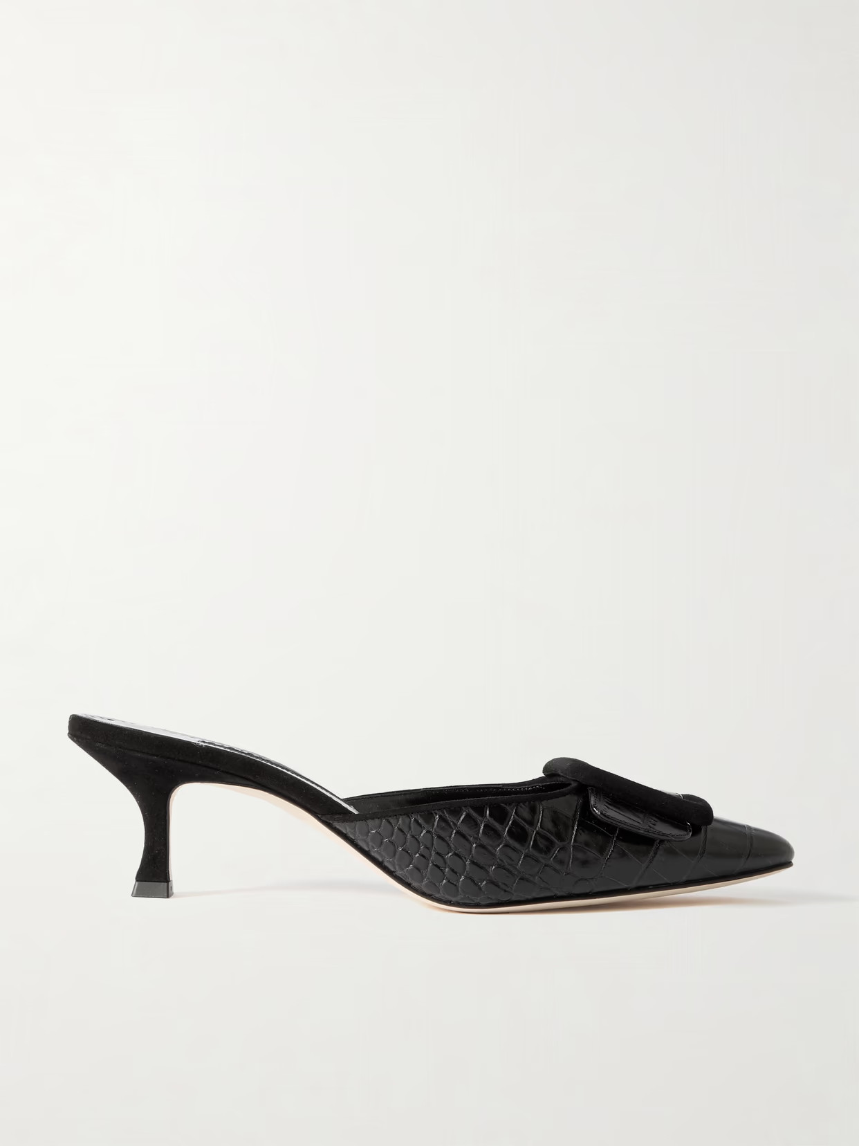 Manolo Blahnik - Maysalebi 50 Suede-trimmed Croc-effect Leather Mules - Black | NET-A-PORTER (US)