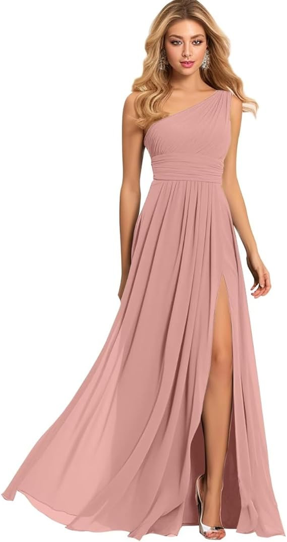 Women's One Shoulder Bridesmaid Dresses for Wedding Chiffon Pleated Prom Dress with Slit Wedding ... | Amazon (US)