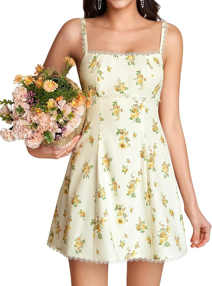 KUTUMAI Floral Lace Mini Dress Bow Tie Short Flowy Square Neck Cute Graduation Dresses for Women ... | Amazon (US)