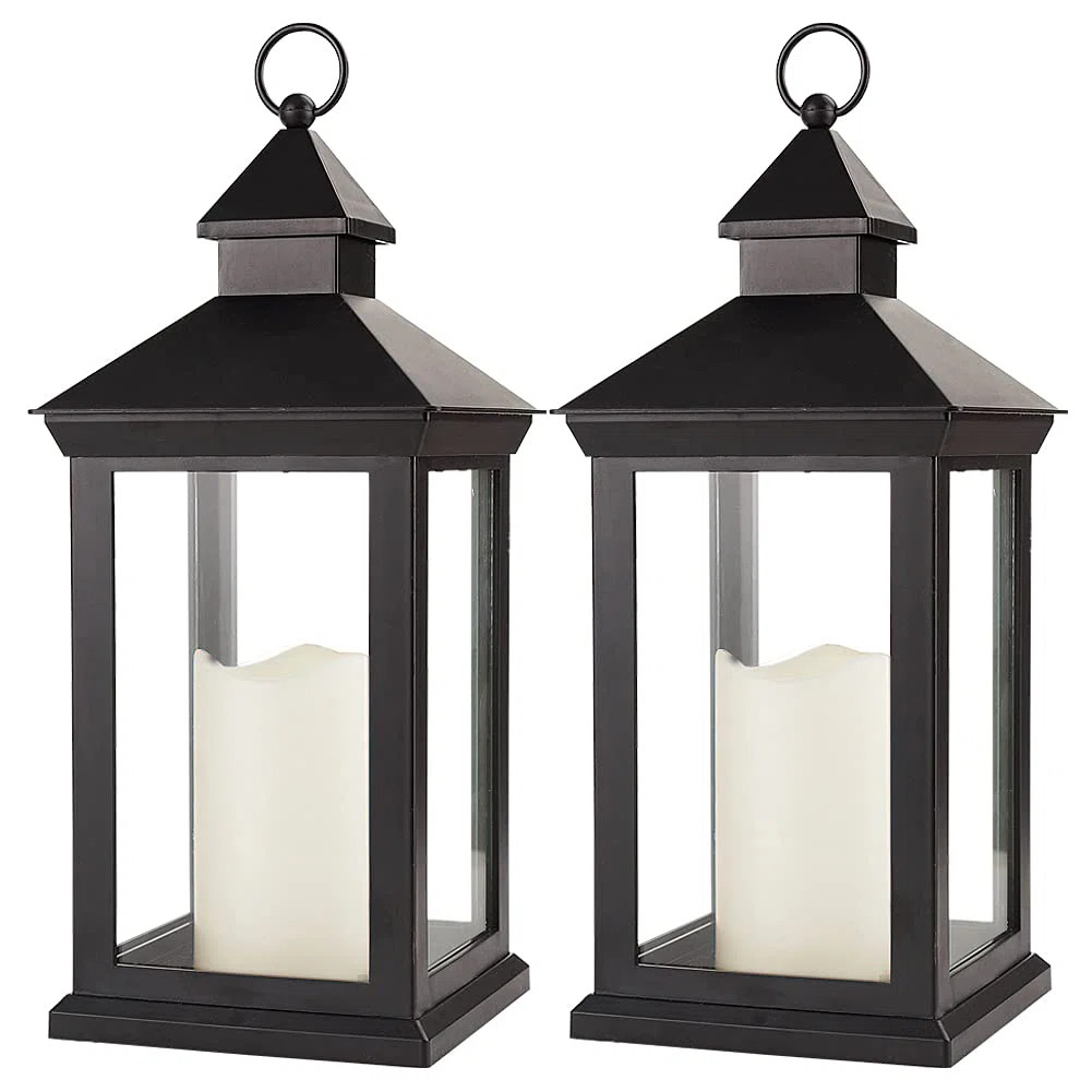 Gracie Oaks 2-Pack 14" Decorative Candle Lantern Black Outdoor Lanterns With Timer Candles - IP44... | Wayfair North America