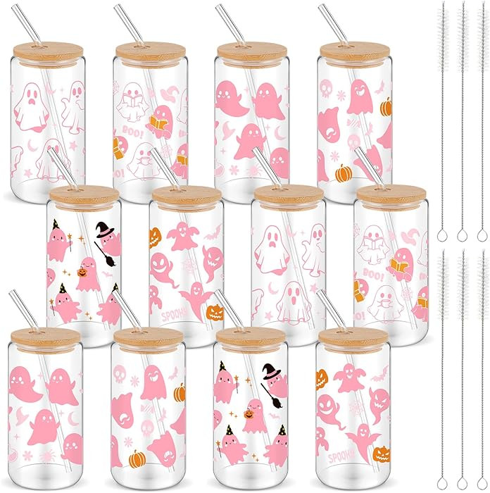 12 Pcs Halloween Glass Cups with Bamboo Lids and Straw 16 oz fall Pumpkin Ghost Skull Bat Witch H... | Amazon (US)