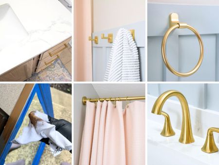 Gold bathroom hooks, modern gold towel ring, Modern brass faucet in pastel bathroom. #goldfixtures #bathroom #showercurtain 

#LTKFindsUnder100 #LTKFindsUnder50 #LTKHome