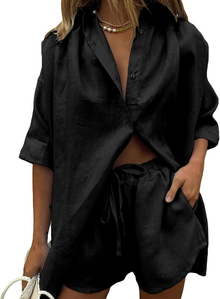 Women's Summer 2 Piece Tracksuit Long Sleeve Loose Button Down Shirt High Waist Shorts Sets Loung... | Amazon (US)