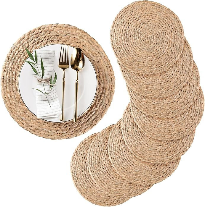 Round Woven Placemats Set of 4, Natural Water Hyacinth Place mats, 13 inch Rattan Placemats Wicke... | Amazon (US)