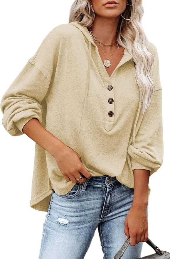Kisscynest Women's Casual Long Sleeve V Neck Hooded Sweatshirt Lightweight Button Henley Hoodie T... | Amazon (US)