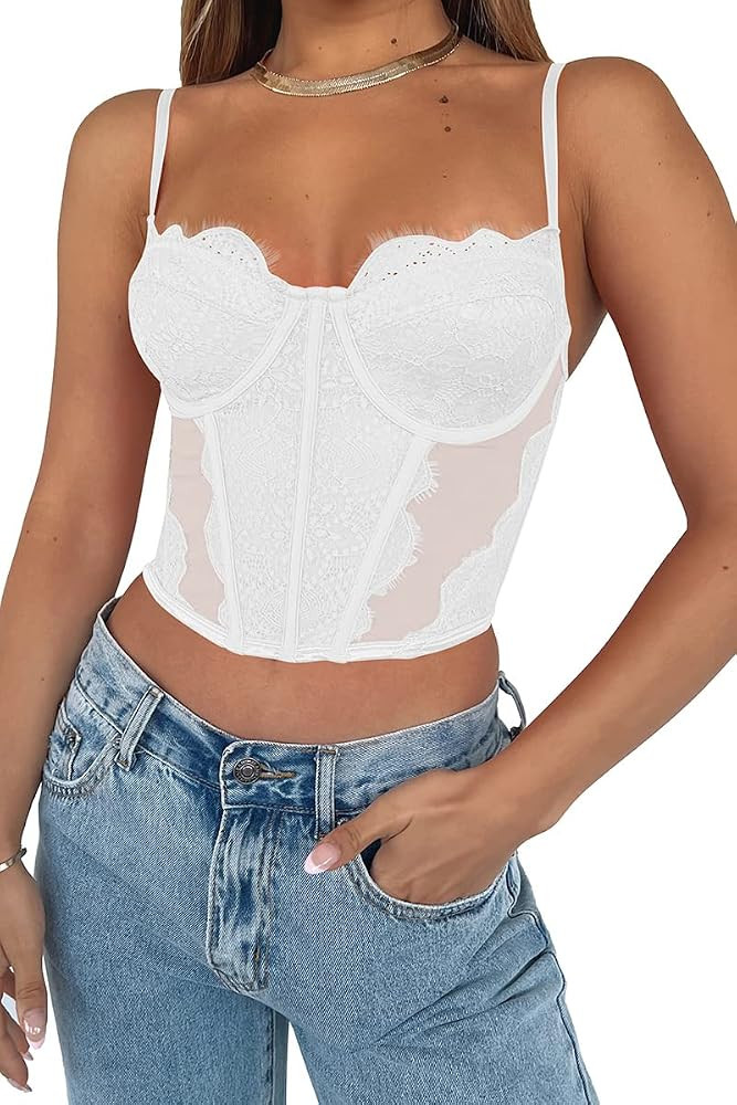 WYNNQUE Women's Sexy Lace Spaghetti Strap Corset Crop Top Y2K Mesh Vintage Going Out Fish Boned P... | Amazon (US)
