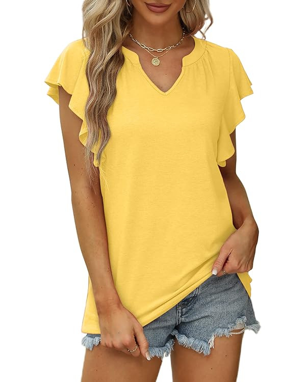 Womens Summer Tops V Neck Ruffle Sleeve T Shirts for Women Loose Fit | Amazon (US)