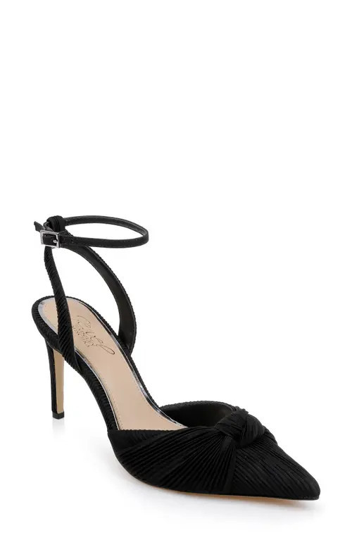 Jewel Badgley Mischka Enid Ankle Strap Pointed Toe Pump in Black Fabric at Nordstrom, Size 5.5 | Nordstrom