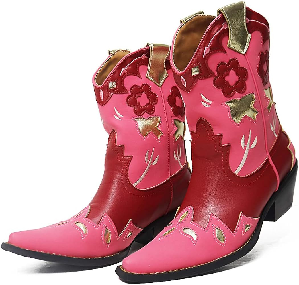 Vimisaoi Women's Ankle Boots Retro Pointed Toe Chunky Mid Heel Embroidered Western Cowgirl Cowboy Bo | Amazon (US)