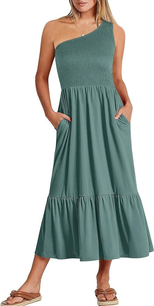 ANRABESS Women's 2024 Summer One Shoulder Sleeveless Beach Dress Casual Smocked Tiered Beach Maxi... | Amazon (US)