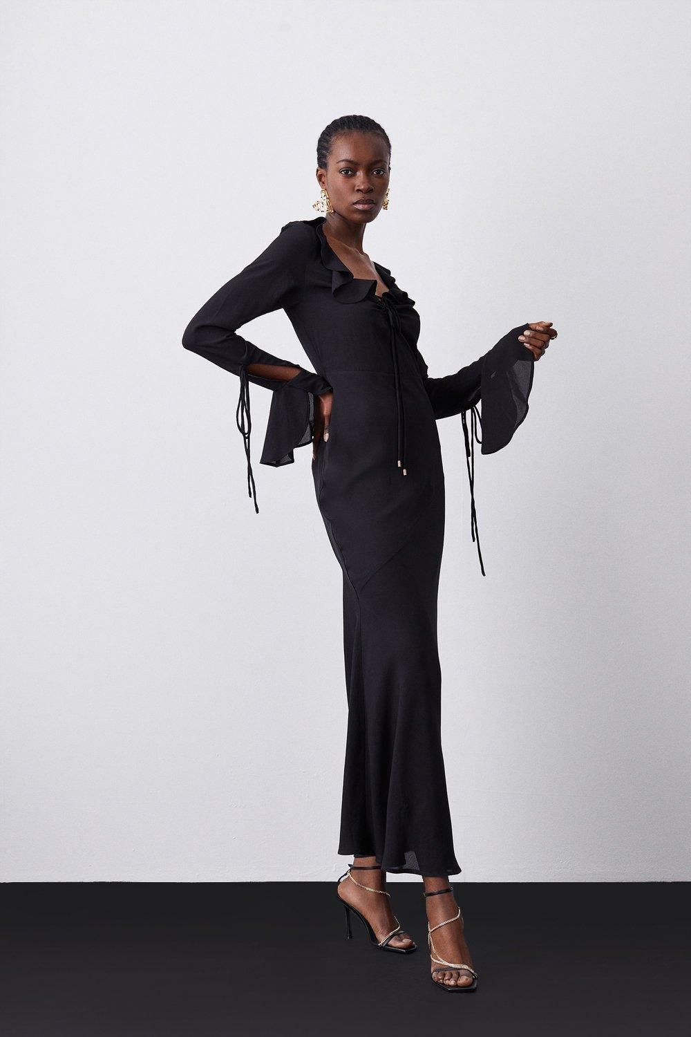 Ruffle Detail Sheer Midaxi Dress | Karen Millen UK + IE + DE + NL