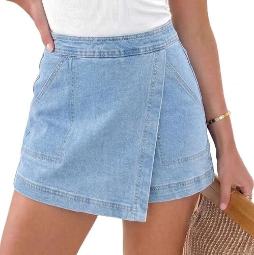 GOBLES Women's Summer Classic High-Waisted Denim Skort Jean Skirt Shorts with Pockets Blue | Amazon (US)
