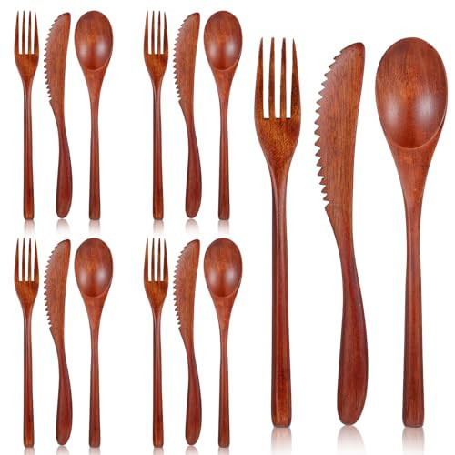 12 Pcs Wooden Forks and Spoons for Eating, Cutlery Set Knife Spoon and Fork Set Eating Utensils Camping Travel Cutlery Reusable Wood Utensils Set | Amazon (US)