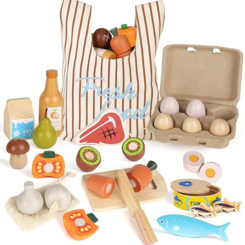 Lehoo Castle Wooden Play Food Sets for Kids Kitchen, Grocery Food Toys for Toddlers 3+ Year Old, Cutting Fruits Vegetables Meat Fish Shopping Bag, Pretend Play Kitchen Accessories Gift for Boys Girls | Amazon (US)