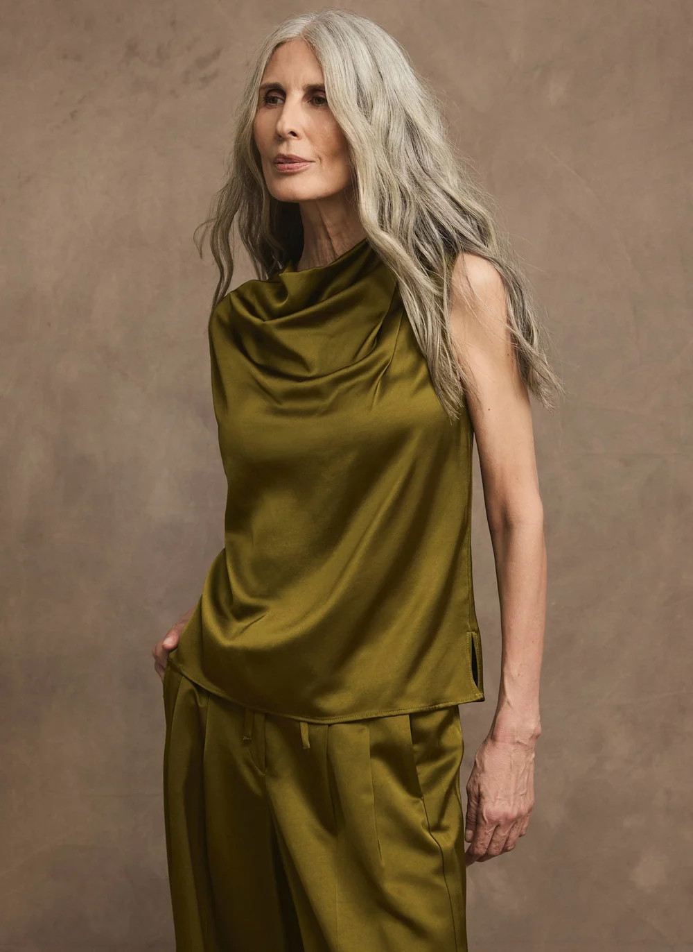 Olive Green Satin Cowl Neck Top | Mint Velvet