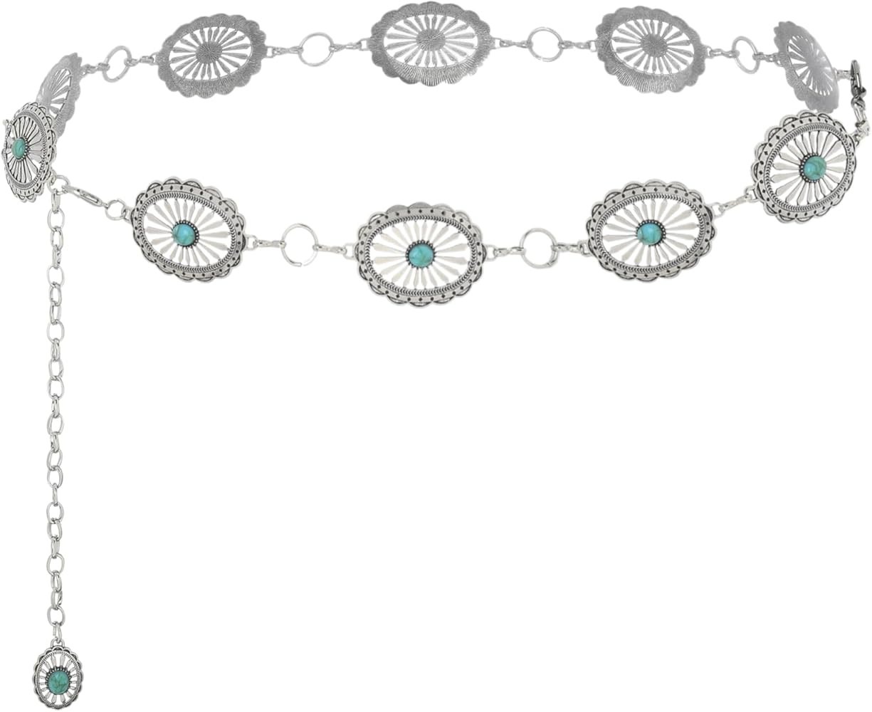 Vintage Western Concho Belt Silver Cowgirl Turquoise Waist Chain Adjustable Metal Pendant Body Ch... | Amazon (US)