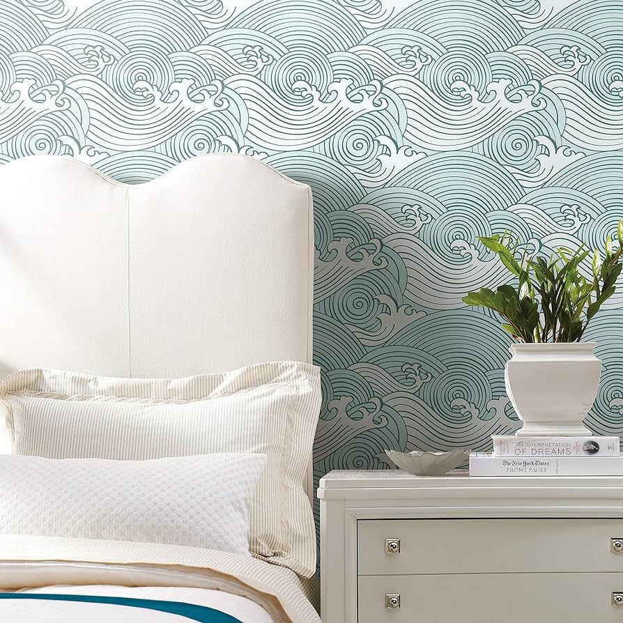 RoomMates RMK11902RL Teal and White Asian Waves Peel and Stick Wallpaper, Teal, Roll | Amazon (US)