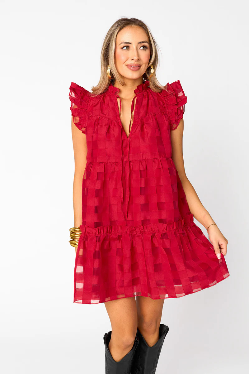 Aubrey Ruffle Shoulder Short Dress - Ruby (PRE-ORDER) | BuddyLove
