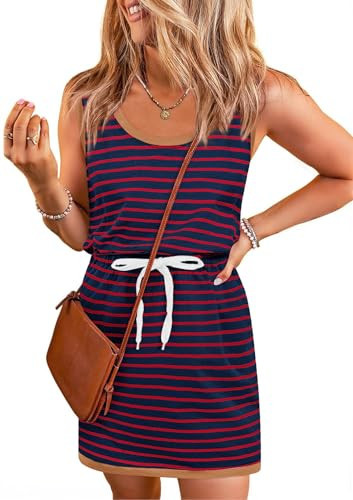 Yousify Summer Dresses for Women 2026 Mini Dresses Sundresses Wine Red Striped Drawstring Bodycon Cute Dress Resort Wear Retro Outfits M | Amazon (US)