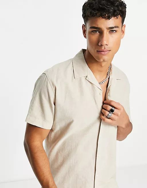 Selected Homme linen mix revere short sleeve shirt in beige  | ASOS | ASOS (Global)