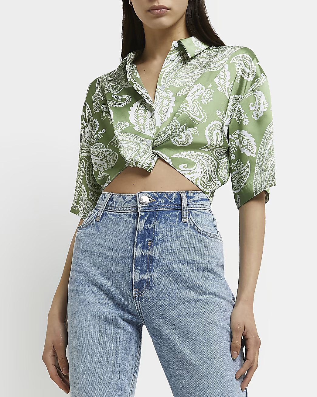 Green paisley satin cropped shirt | River Island (UK & IE)