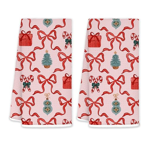 JINYO Coquette Pink Christmas Bow Kitchen Towels 16x24 Inch Set of 2, Preppy Christmas Tree Reindeer Santa Decorative Hand Towels for Bathroom Kitchen, Girly Xmas Dish Tea Towel | Amazon (US)