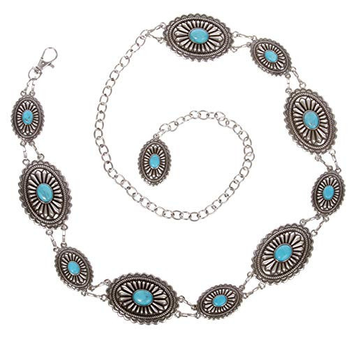 Beltiscool Women's Western Oval Turquoise Stone Concho Chain Belt, Silver | One Size | Amazon (US)