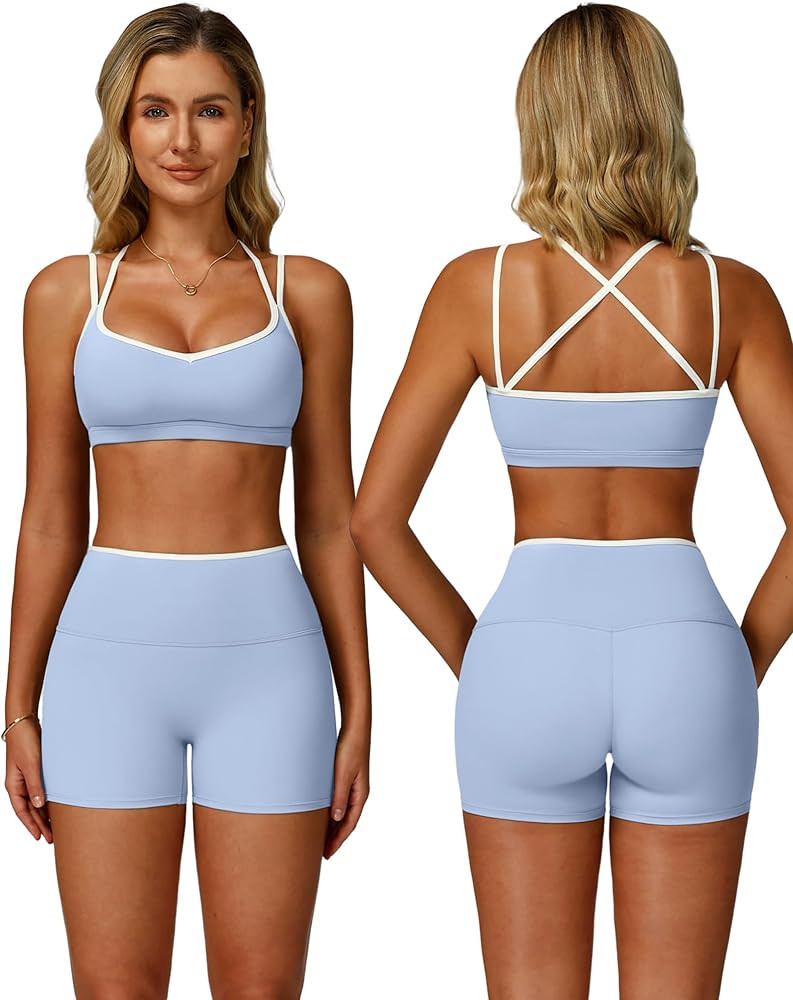 ABOCIW Workout Sets for Women 2 Piece Color Block Strappy Sports Bra High Waist Shorts Gym Yoga P... | Amazon (US)