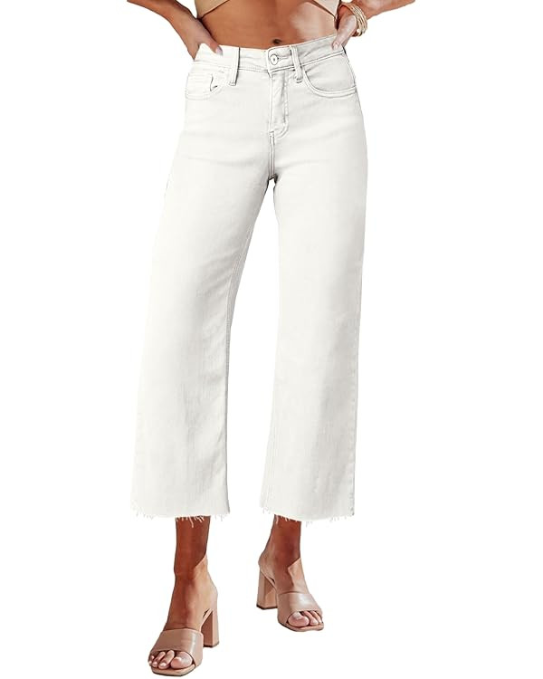 Allimy Women's High Waisted Straight Ankle Wide Leg Ripped Jeans Frayed Hem Stretchy Capri Denim ... | Amazon (US)