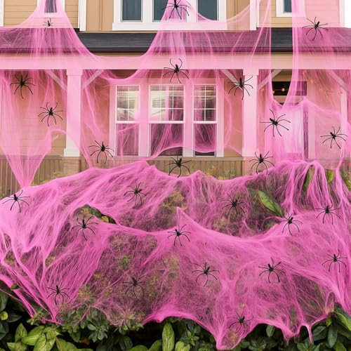 Tellingyou 950 Sqft Halloween Pink Spider Webs Decorations with 50 Extra Fake Spiders, Super Stretchy Cobwebs for Halloween Decor Indoor and Outdoor | Amazon (US)